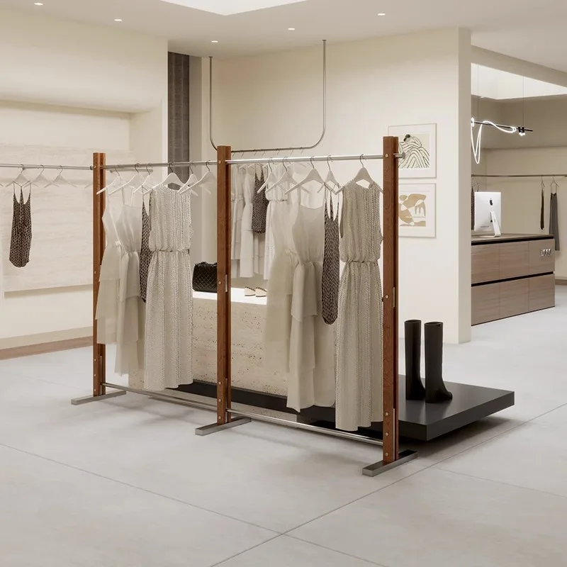 의류 매장 진열대, 월넛 중세풍 행거, 여성 의류 구매자 매장용 스테인리스 스틸 바닥 원목