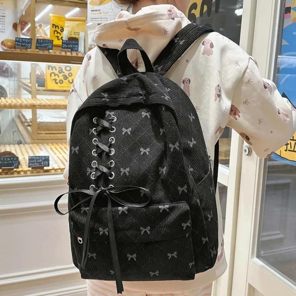 

Daypack Corduroy Bow Backpack Casual Silk Design Students School Bag Durable Scratch Prevention Large Capacity Backpack