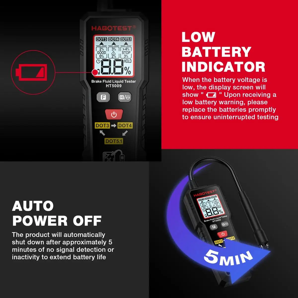 HABOTEST HT5009 Bremsflüssigkeits-Tester Bremsöl-Prüfstift Hochpräziser Automobil-Bremsflüssigkeitsgehalt-Detektor – Detail 12