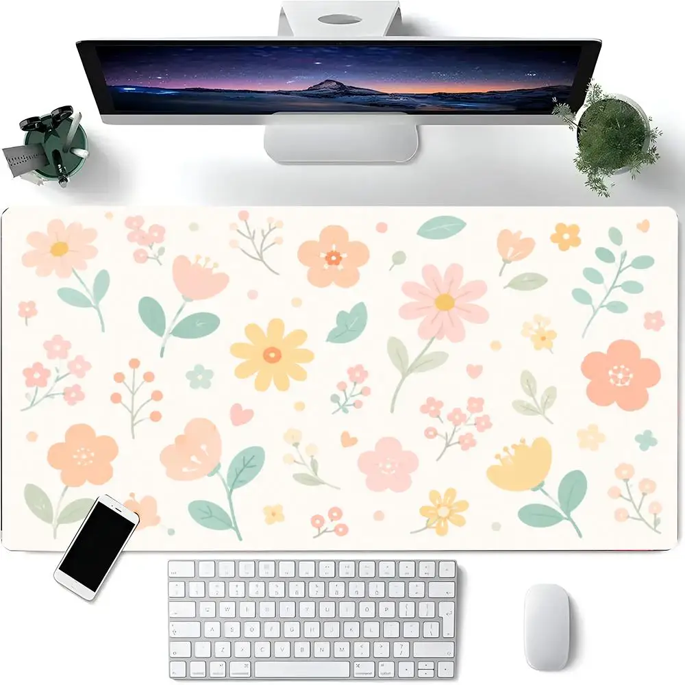Cute Pastel Floral Watercolor Pattern Cream Background Sweet Flower Leaf Gaming Mouse Pad Stitched Anti Slip Desk Mat