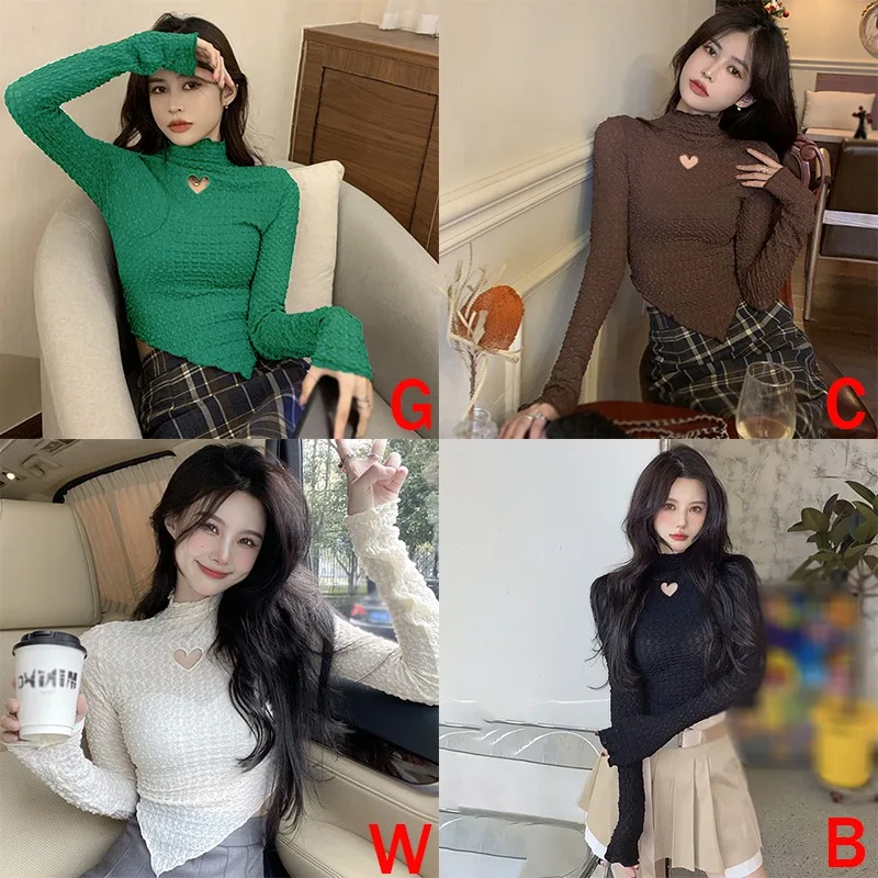 Women\'s Tops Half High Collar Love Hollow Out Irregular Slim Sweet Long Sleeves Lace T-Shirt Solid Color