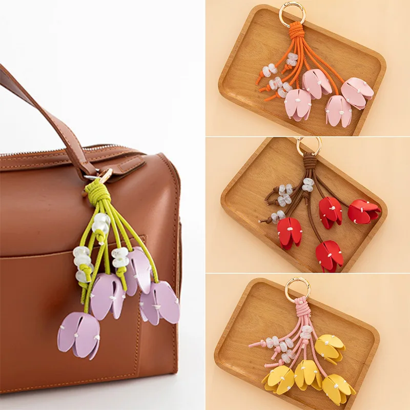 

Fashion Tulip Bag Pendant High Value Beaded Pu Leather Flower Keychain Mobile Phone Case Accessories Trendy Women Bag Decoration