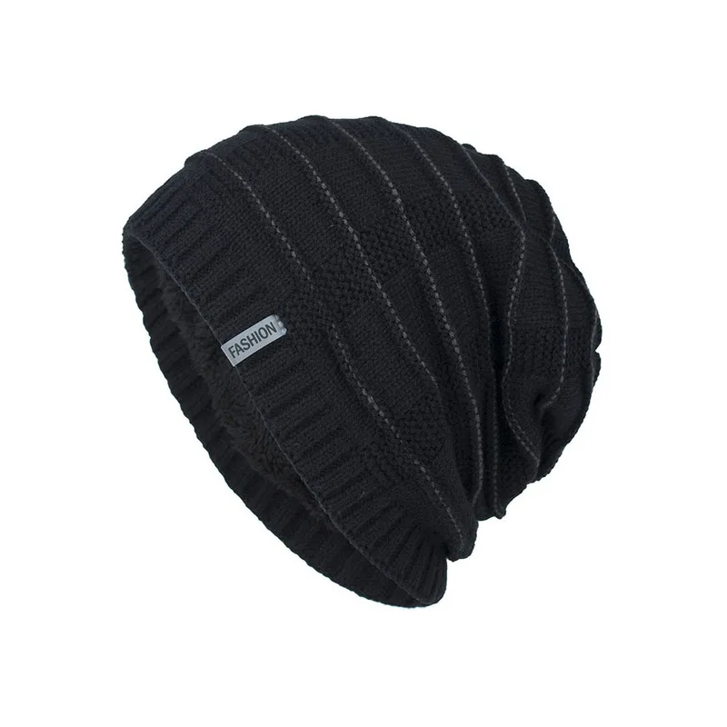 Zhongmei's new autumn and winter fleece-lined pullover hat with stair-pattern fabric label, knitted wool hat