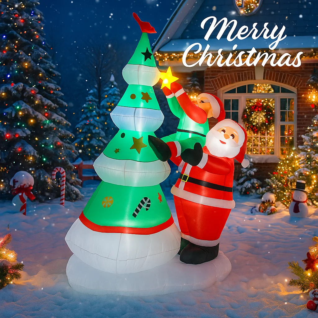 7.87FT LED Lit Inflatable Toy Santa Claus Elf Star Tree Christmas Yard Ornament Xmas Supplies Home Decoration Festive Gift