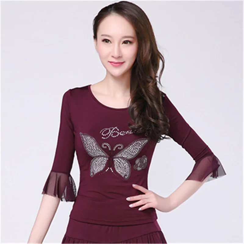 

Новая танцевальная одежда, горячая Распродажа, летняя женская футболка для латиноамериканских танцев с бабочками и средним рукавом, женская футболка для латиноамериканских танцев, Женская Одежда для танцев