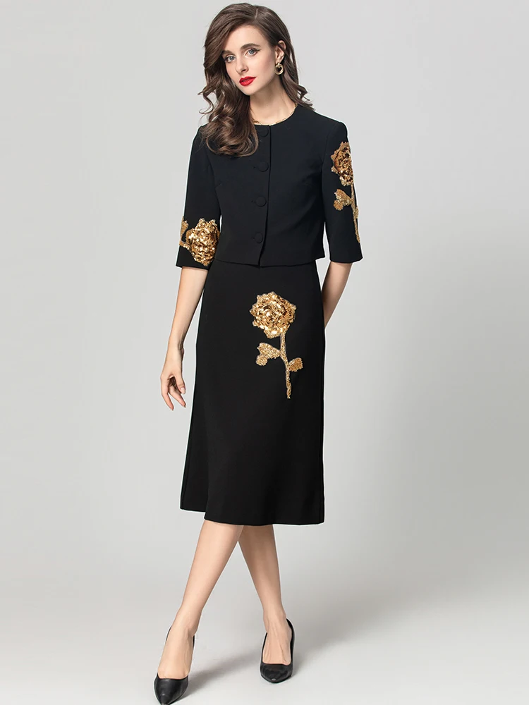 Seasixiang Beading Appliques Suit Women O-Neck Single Breasted Jacket + Skirt Office Lady Two Piece Set Autumn Female New