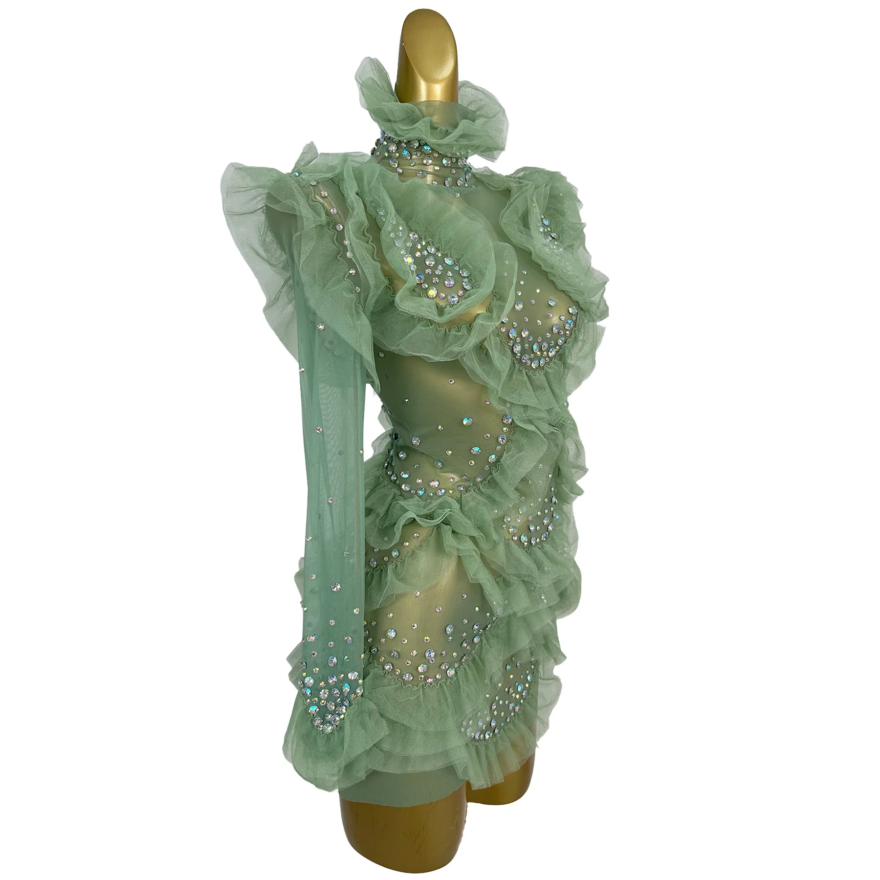 Mocha Mint Green Mesh Ruffle Mini Dress with AB Rhinestone Embellishments and Long Sleeves for Evening Parties