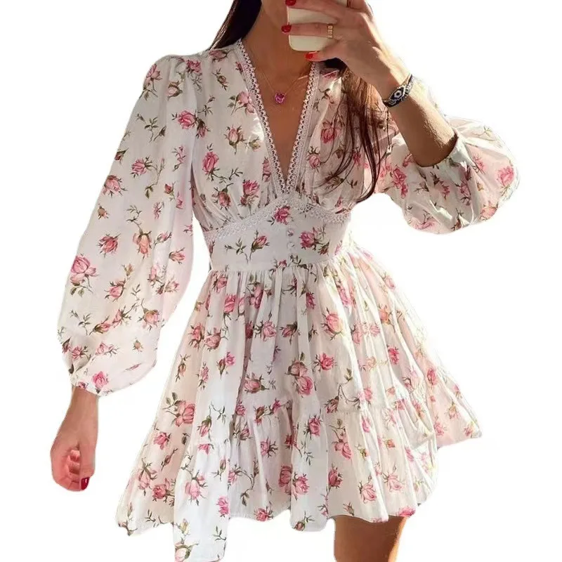 Fall fashion new women sweet print V-neck lace seven-quarter sleeve dress