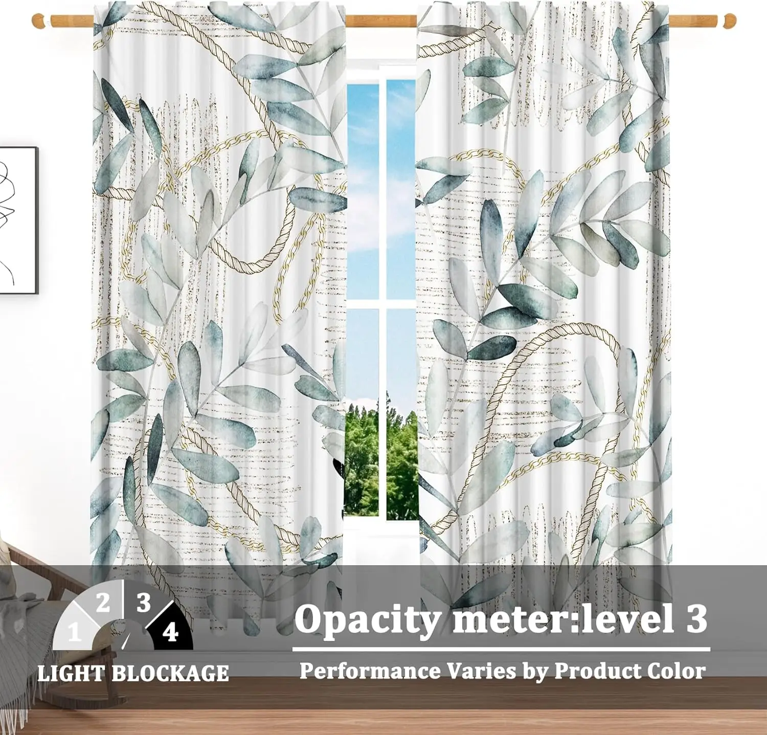Renaiss Green Leaf Half Window Curtains Golden Rope Light Filter Tier Curtain Linen Drapes for Cafe Kitchen Bathroom Modern