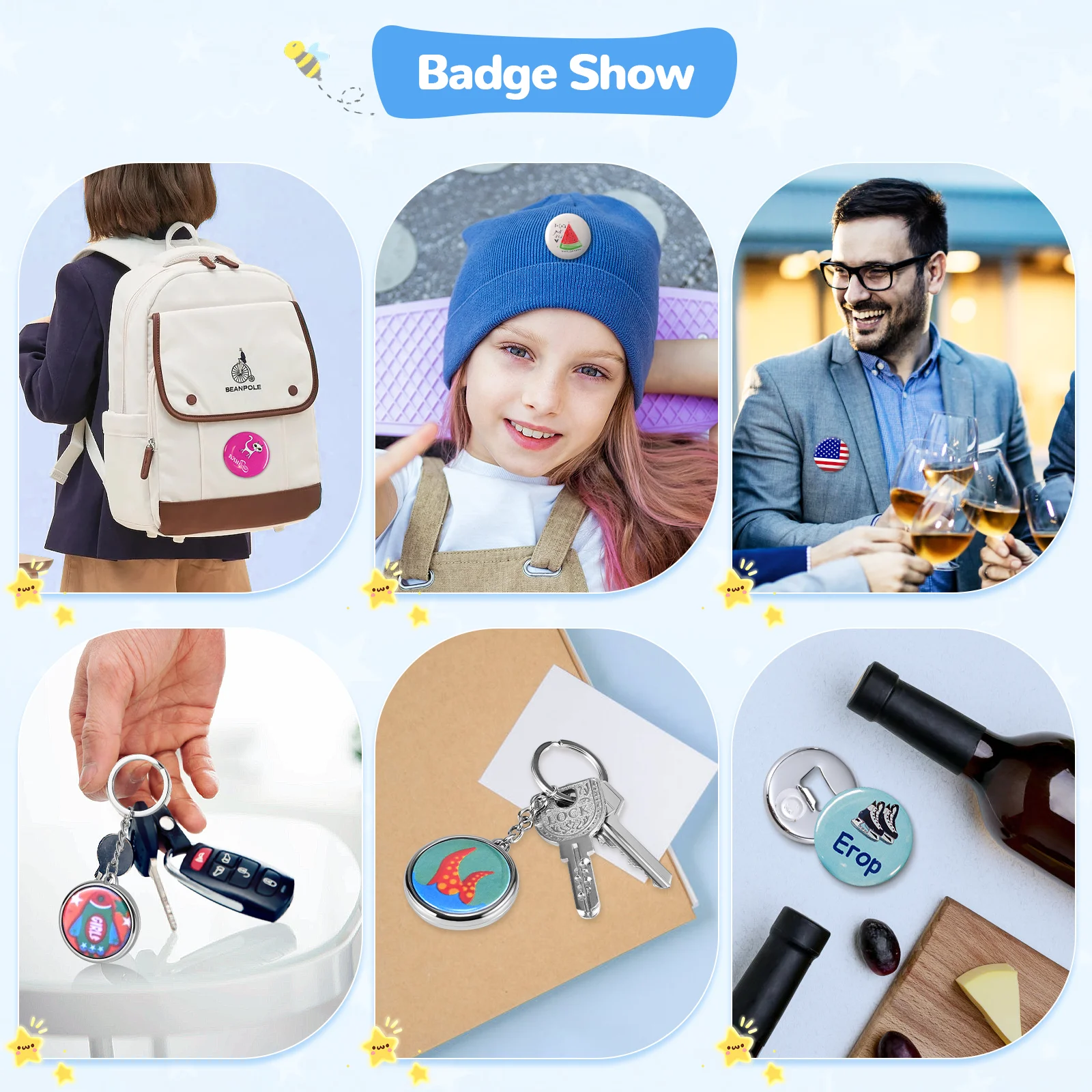 25+32+58mm Badge Press Machine 300 Sets Plastic Badges 3 Cutters 10 Bottle Openers Keychains DIY Badge Making Kit