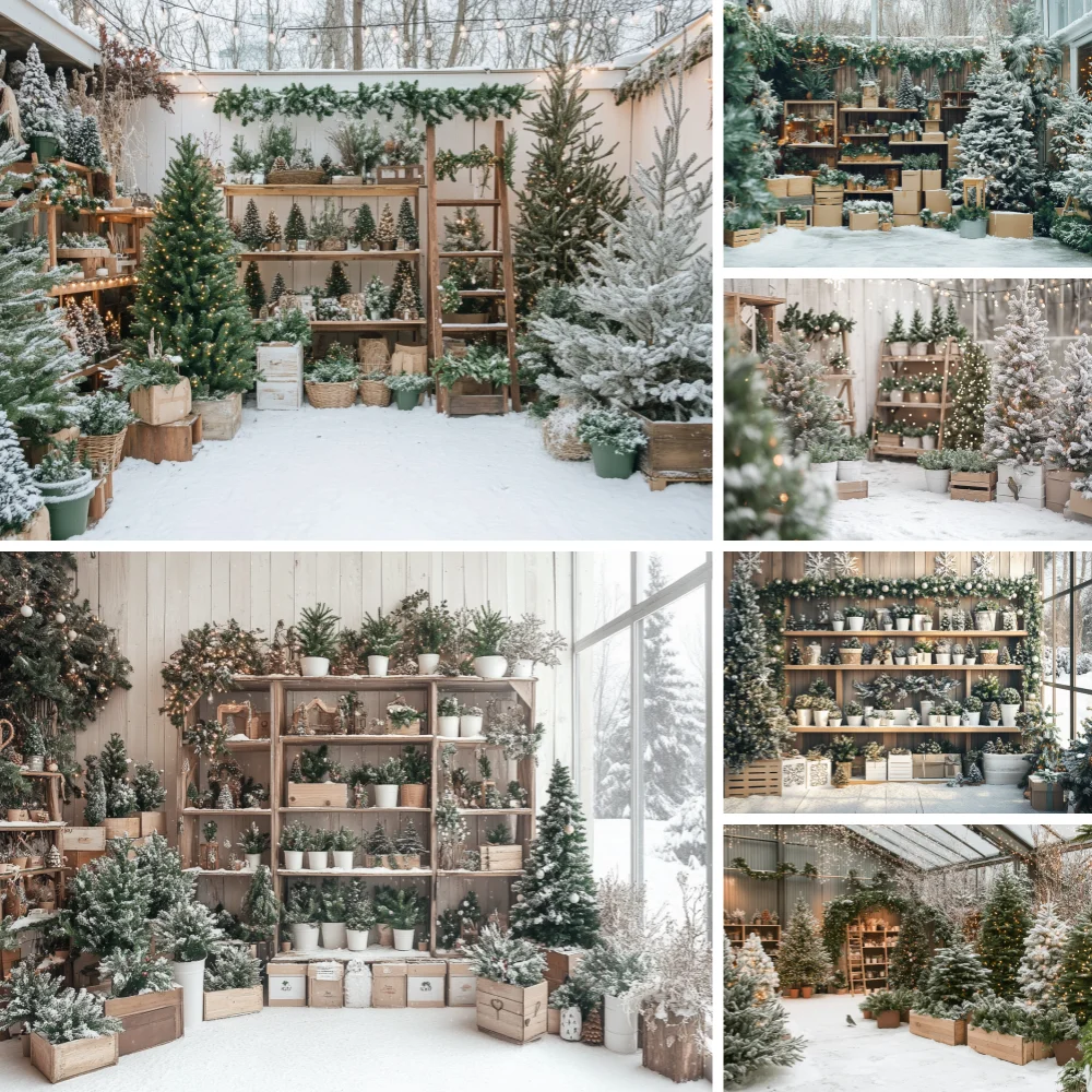 

Christmas Snowy Greenhouse Background Photography Xmas Tree Potted Plant Shelf Backdrop Winter Kids Indoor Photo Studio