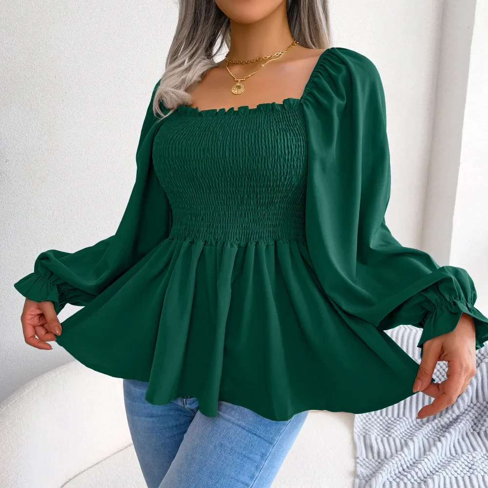 Women Chiffon Blouse Fashion Square Neck Bell Sleeve  Spring Summer Long Sleeve Casual Personality Shirt Ruffles Peplum Top