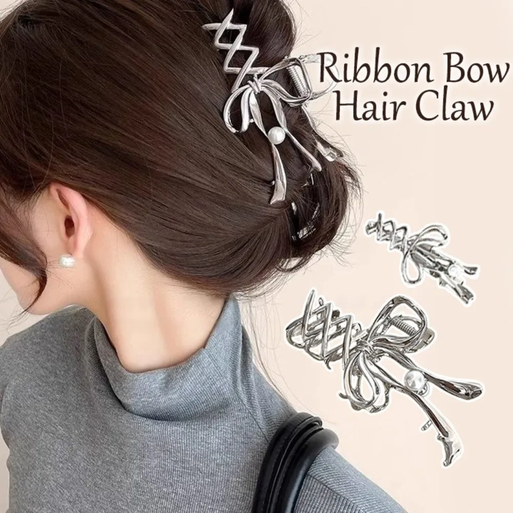

Creative Alloy Ribbon Bow Hair Claw Vintage Pearl Bowknot Hair Clip Jewelry Silver Balletcore Hairpin Makeup Hair Clips