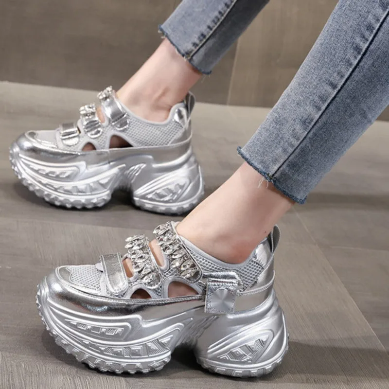 Thick-soled Inner Increase Daddy Female Shoes Women 2024 Spring and Summer New Shallow Mouth Rhinester Leisure Single Shoe Tide