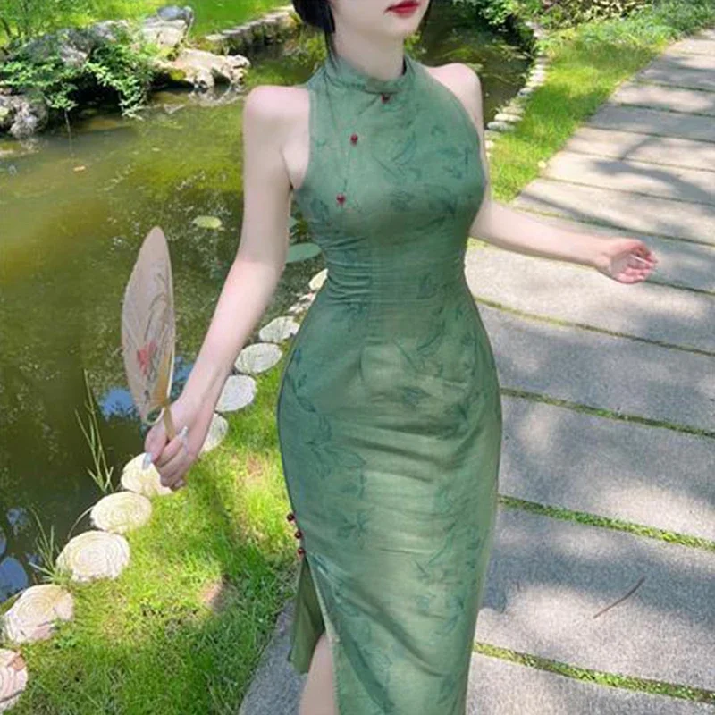 

Женское летнее зеленое платье без рукавов Cheongsam, винтажные костюмы, тонкие новые традиционные платья в китайском стиле от S до Xxl, Vestido Chino