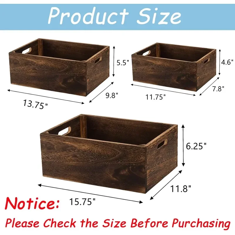 Frcctre set of 3-piece rectangular wooden nested storage box with handle, decorative farmhouse style, rustic handmade,