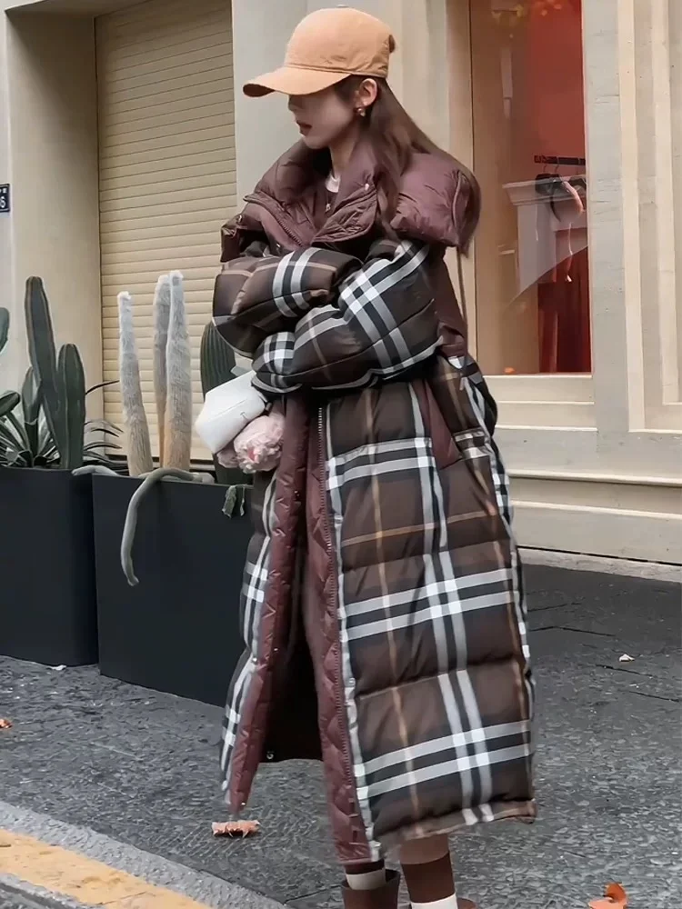 Dames donsjack Winterjas Vrouwelijke Koreaanse mode Plaid Patchwork Outerwears Verdikte losse warme sneeuw Lange pufferjassen