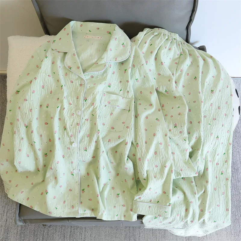 2 PCS Women Pajama Sleepwear Pajama Set Long Sleeved Pants Suit Peach Print Ventilate Soft Comfortable Home Leisure Home Clothes