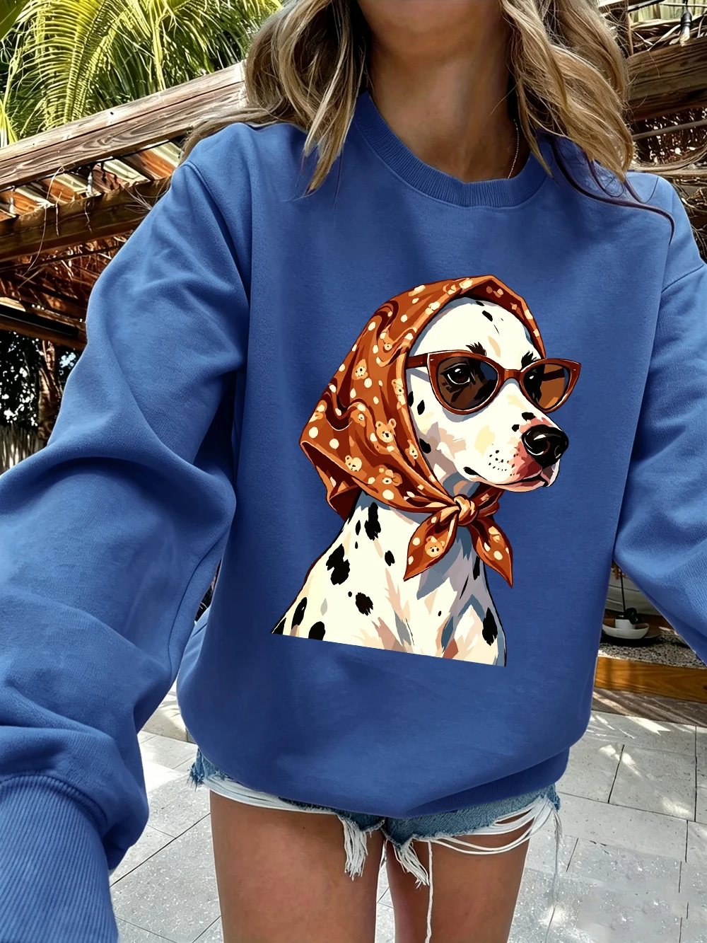 Braunes Kopftuch, Sonnenbrille, Hundemotive, Sweatshirt, Damen-Sweatshirt mit Rundhalsausschnitt, Basics-Hoodies, lockerer, warmer Fleece-Pullover, Herbstkleidung für Damen – Detail 18