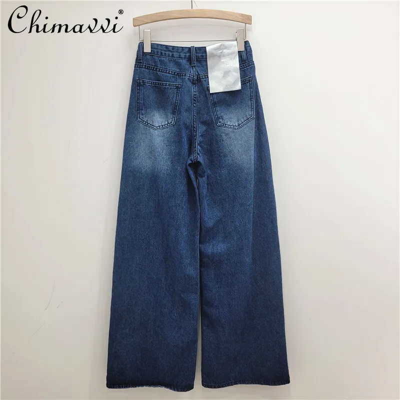 2024 Autumn New Fashion Design High Waist Diagonal Placket 3D Flower Decorative Jeans Women High Street Loose Wide-leg Pants