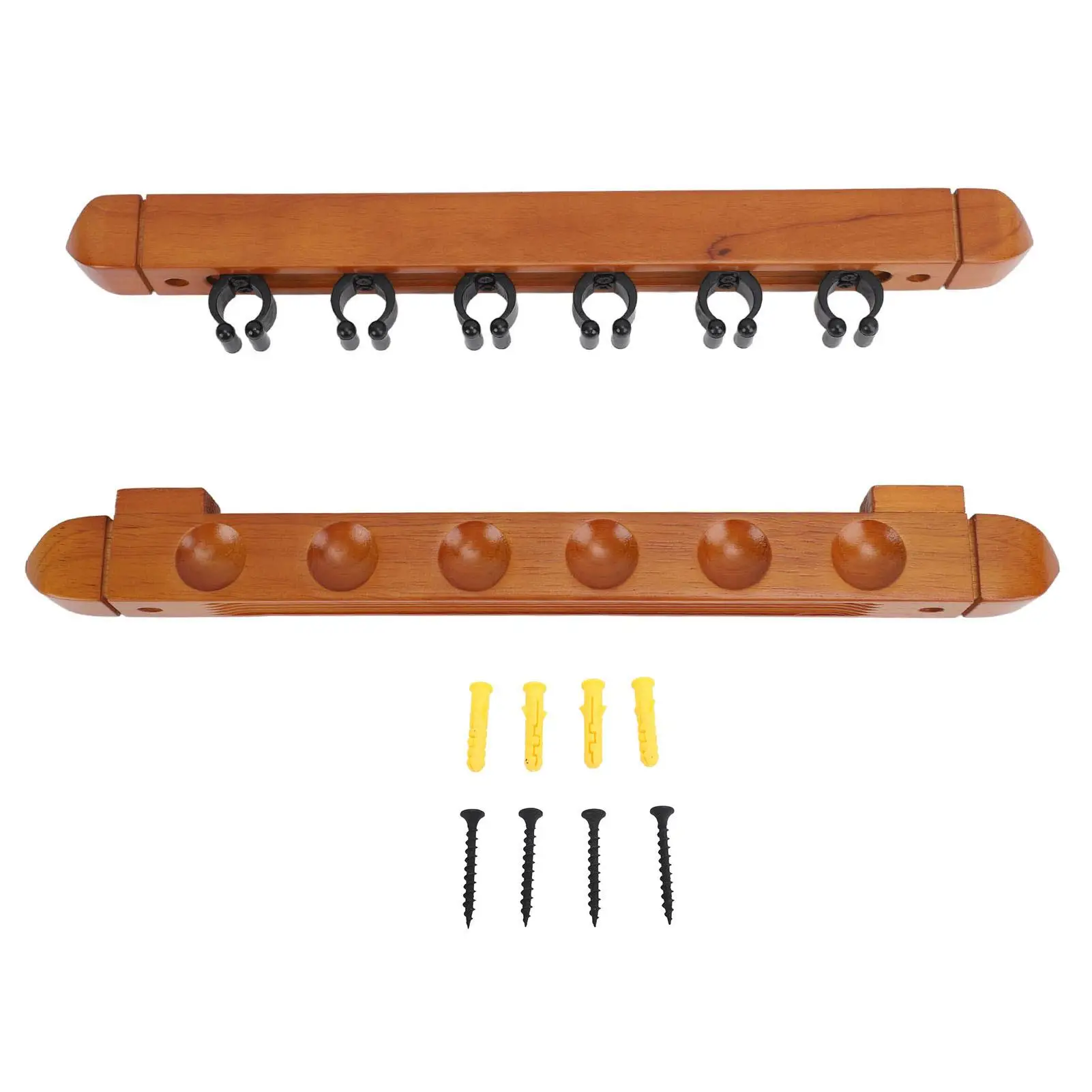 

Space-Saving Wooden Billiard Rack - Easy Install Rubber Wood, 6 Hole Sturdy Design for home Pool Cues