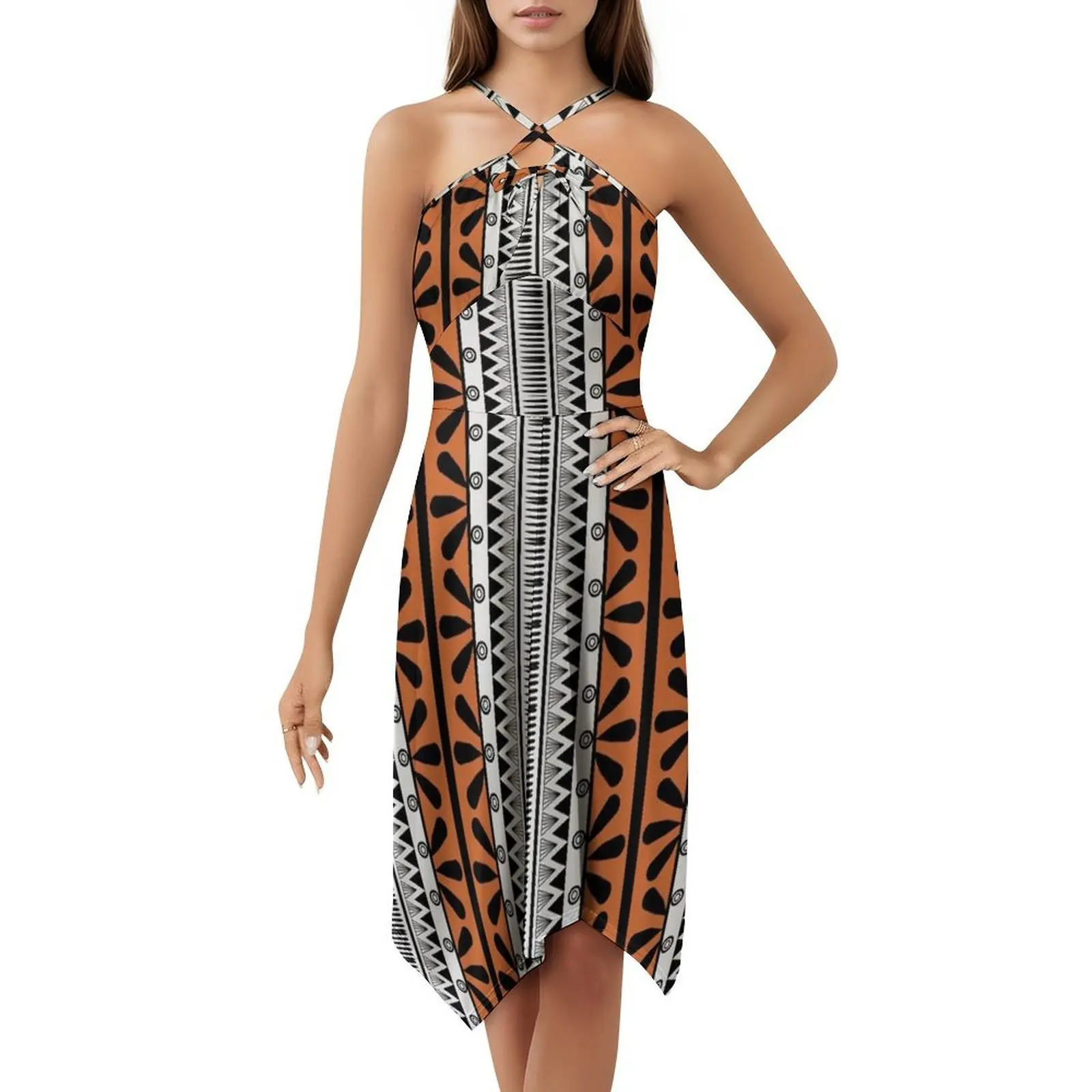 القبلية العرقية نمط نمط باللونين البرتقالي والأسود بوهو شيك فستان أنيق موضة شاطئ حفل زفاف ثوب أنماط العرقية #5
