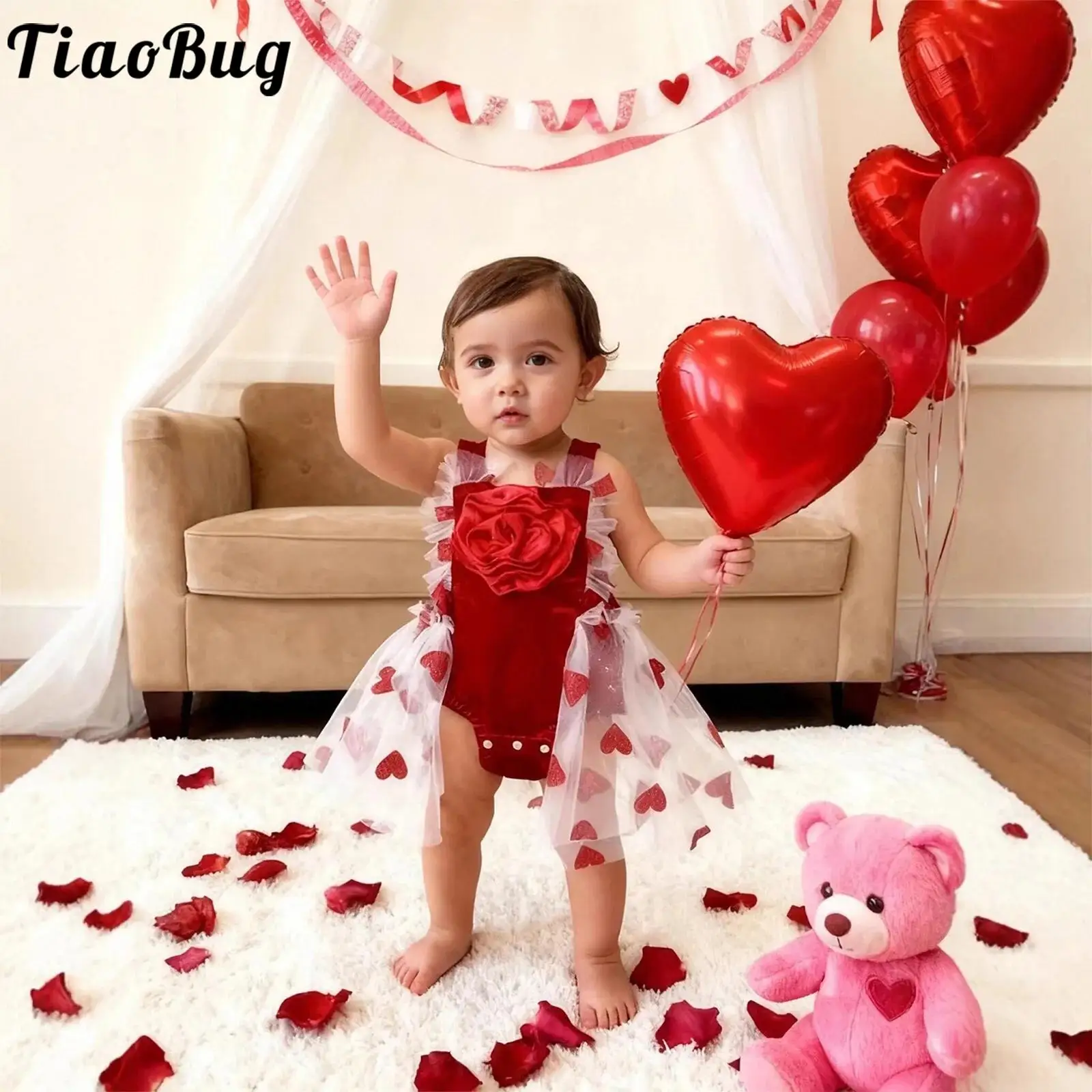 

Newborn Baby Girls 1st Valentines Day Outfit Sleeveless Flower Heart Tulle Velvet Rompers Dress for Holiday Party Photo Shoot