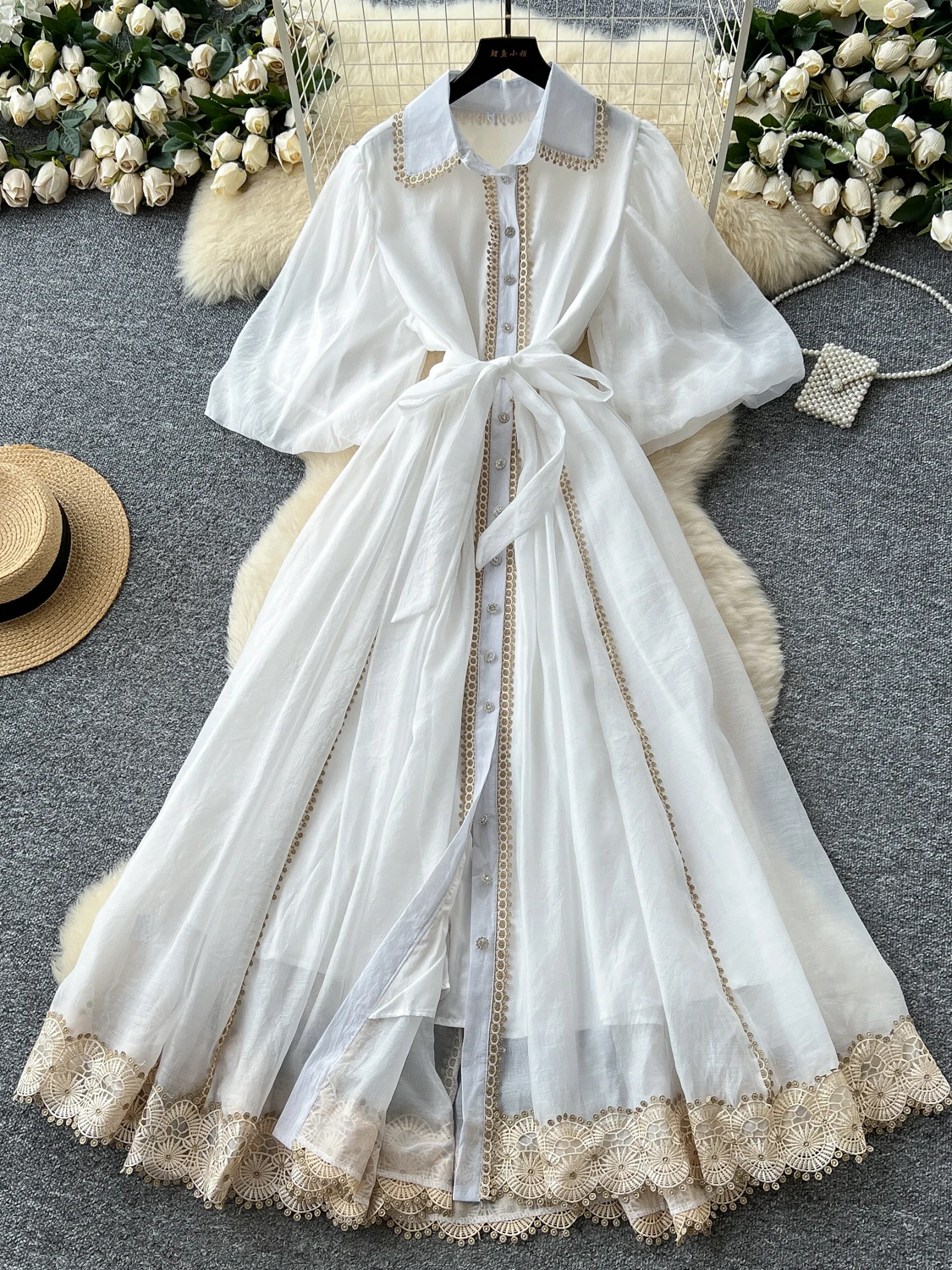 E Vestido de Corte A con Inserto de Encaje, Cintura Alta, Estilo Corte, Falda con Cinturón, Manga Corta, para Mujer, E...