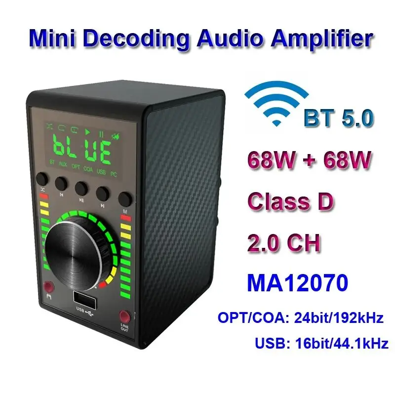 

2*68W Bluetooth Amplifier 5.0 Infineon MA12070 Digital Audio Power Amp Class D USB DAC 24bit/192kHz HiFi Stereo