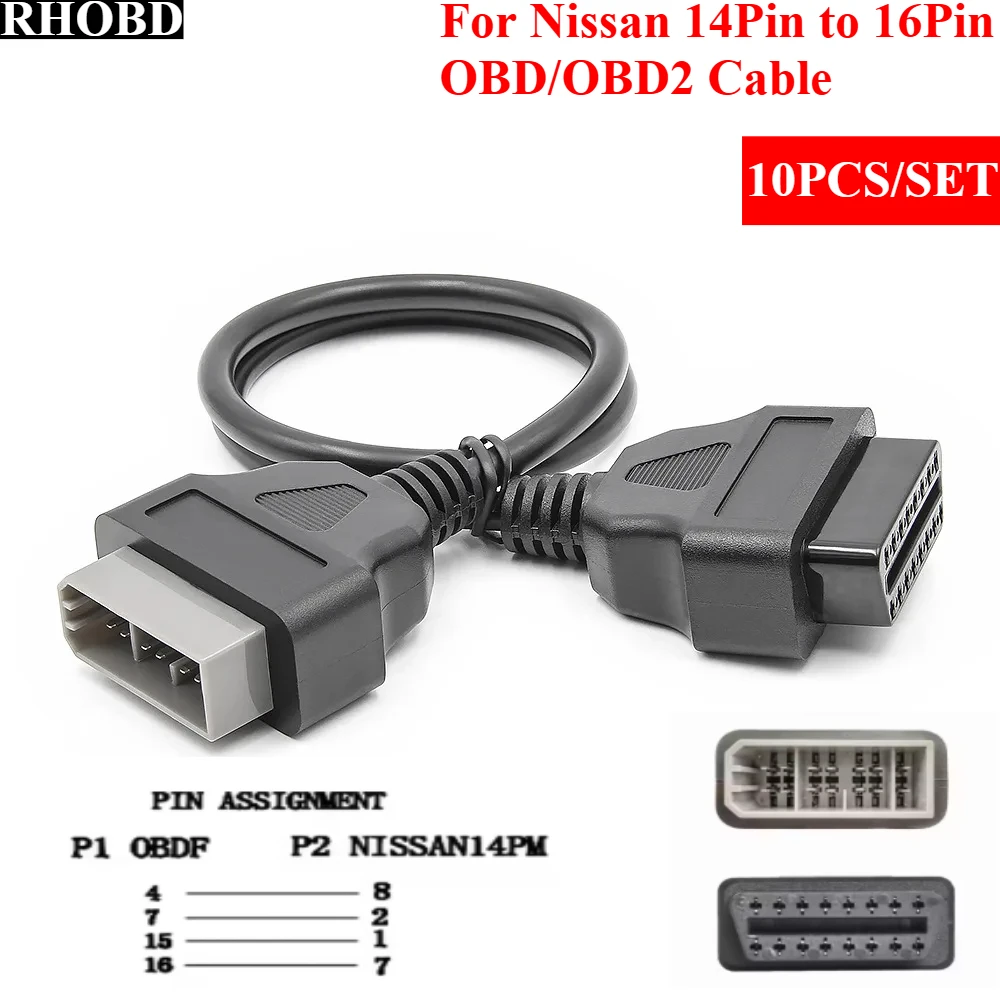 10PCS/SET For Nissan 14 Pin To OBD2 16 Pin Cable Car Diagnostic Connector Adapter Works For Auto Car Vehicles Tool Adapter