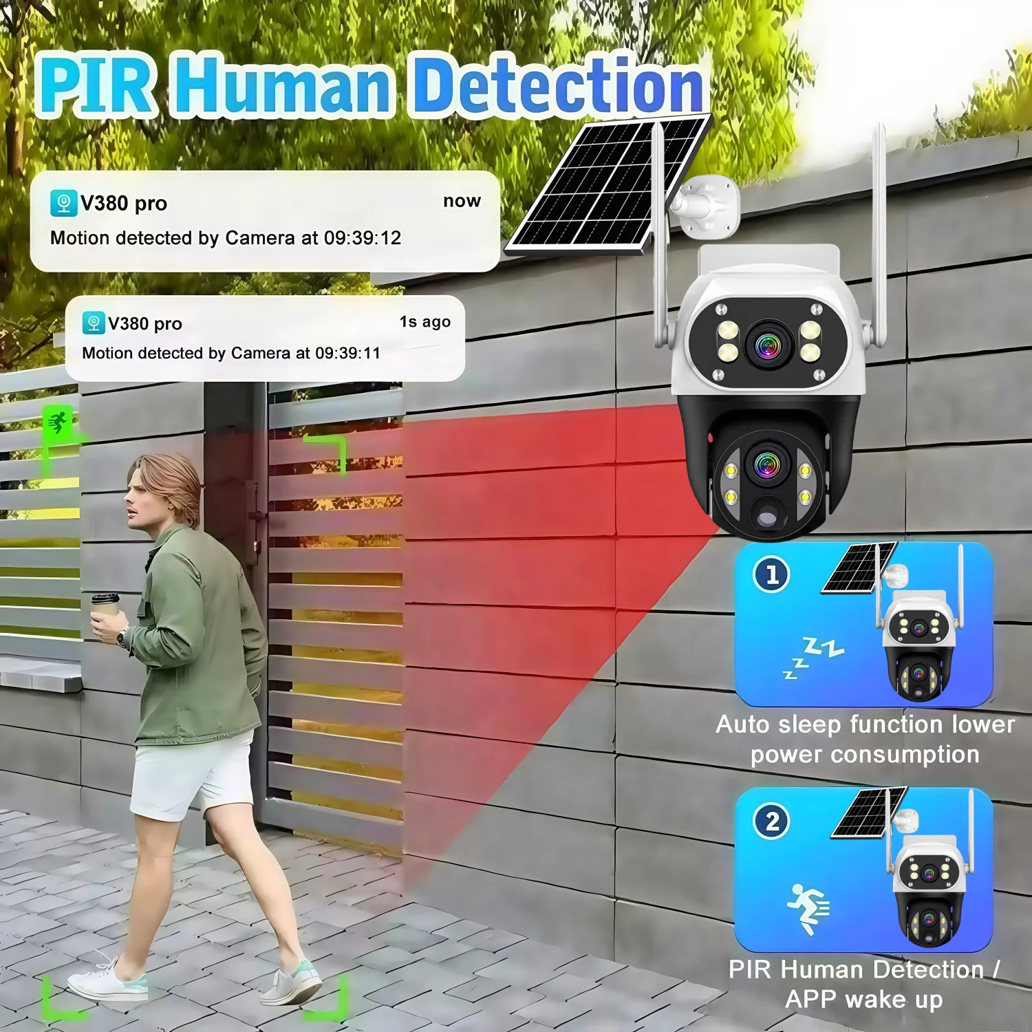 4G / WiFiソーラーカメラ デュアルレンズ 屋外 12MP 低電力バッテリー IPカメラ PIRナイトビジョン V380 Pro CCTVセキュリティ保護