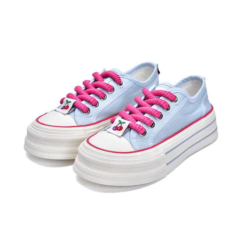 Women Fresh Colors Thick Sole Canvas Tennis Shoe Low Top Female Blue Pink Sneaker Height Increased Sole Summer Soft Latex Insole