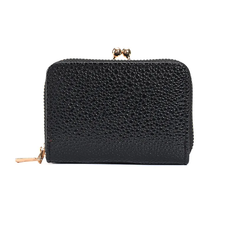 Womens Litchi Grain Coin Purse Japanese Korean Design Short Card Wallet 2023 Fashion Metal Clip‑On Pouch For Daily Small Items