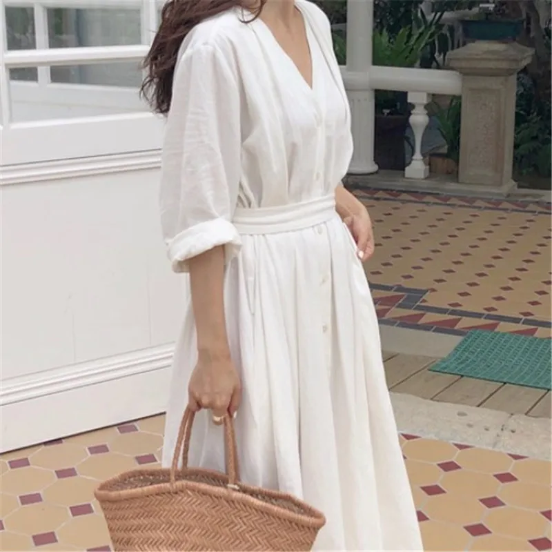 Vintage bawełniane lniane sukienki damskie eleganckie seksowne wiosenne letnie biuro Camisole białe linia A Hem Vestidos Streetwear Party Vestido