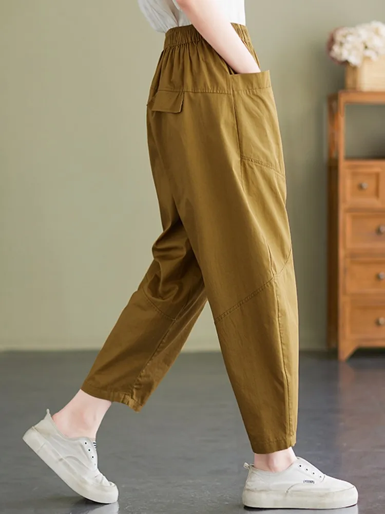 

Летние винтажные однотонные универсальные свободные женские шаровары B2143, женские повседневные брюки из 100% хлопка до щиколотки, новинка 2025 г.