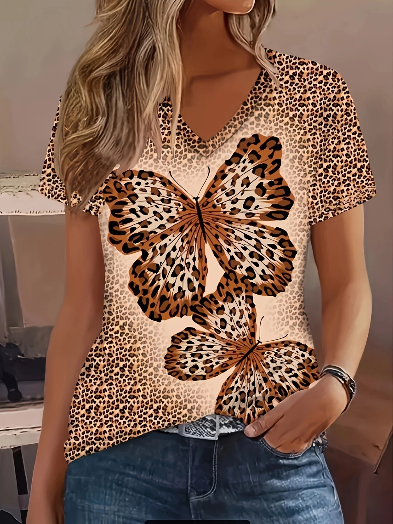 2024 New Style T-shirt For Women Butterfly Leopard Print Tees Blouse Oversized T-Shirt Summer Women\'s Clothing Short Sleeve