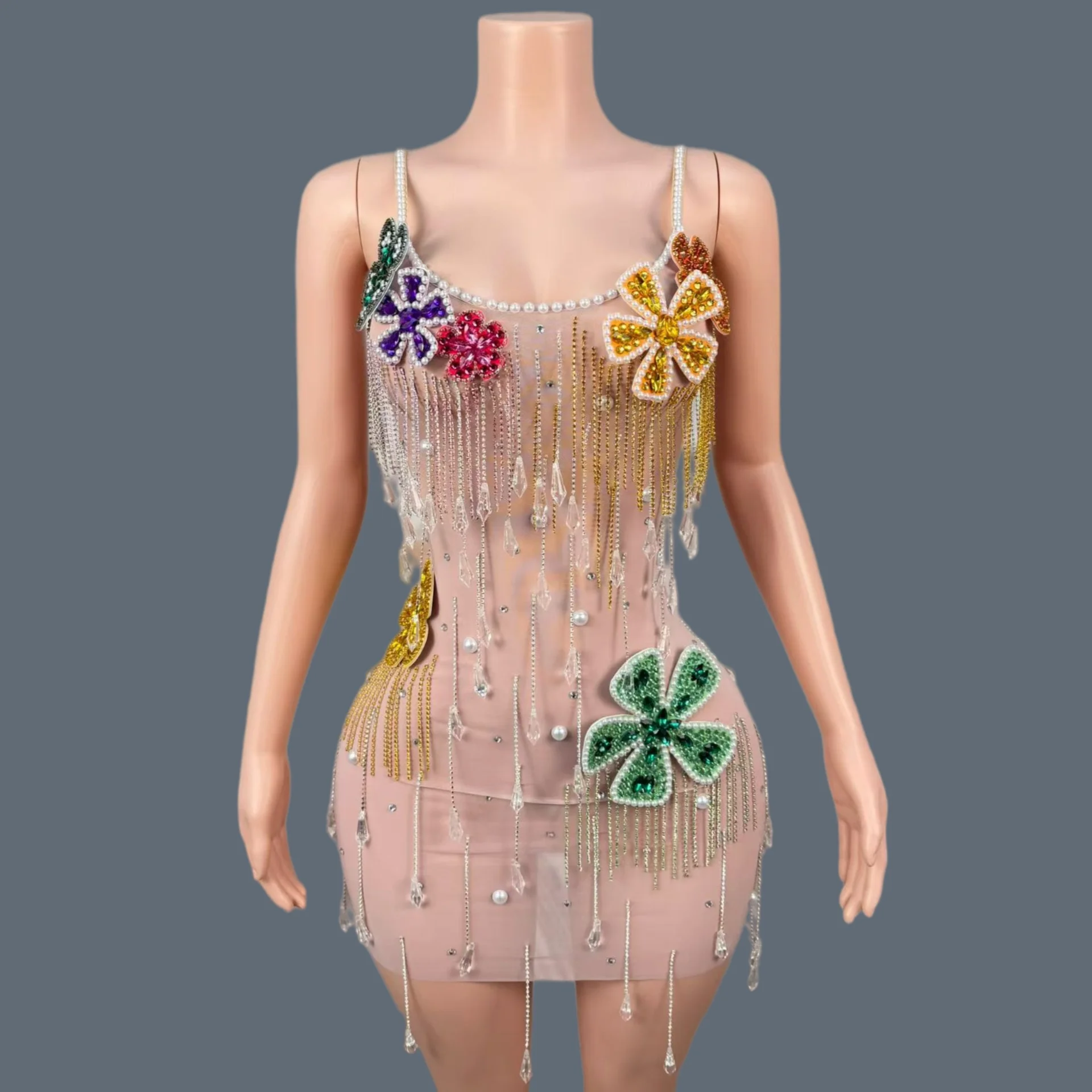 

Multicolor 3D Floral Rhinestone Spaghetti Strap Mini Dress Crystal Tassel Mesh Sheer Bodycon Stage Club Performance Outfit Yulin