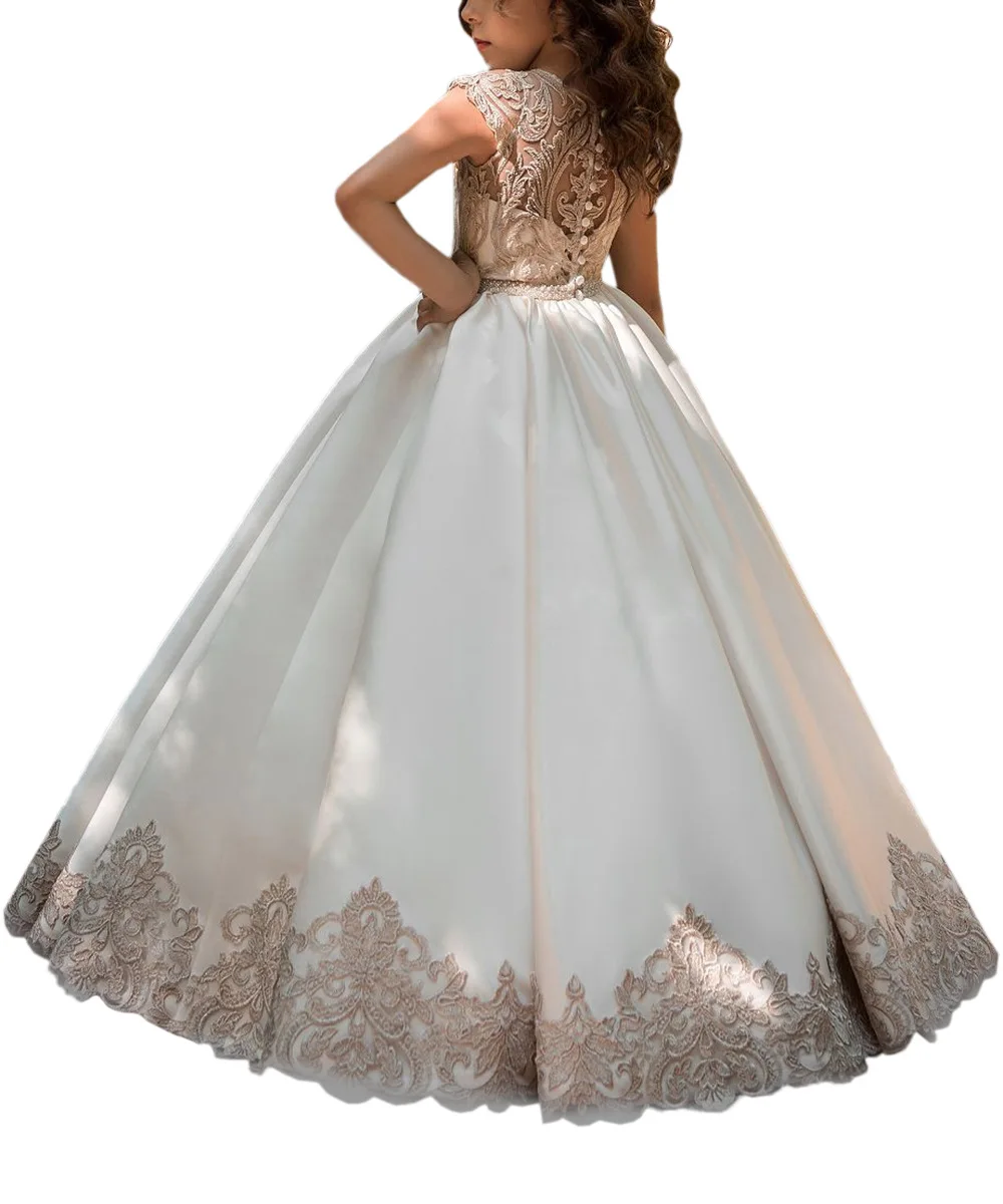 

Elegant Satin Flower Girl Dresses for Wedding Sleeveless Applique Princess Dress Weddings First Communion Pageant Birthday Gowns