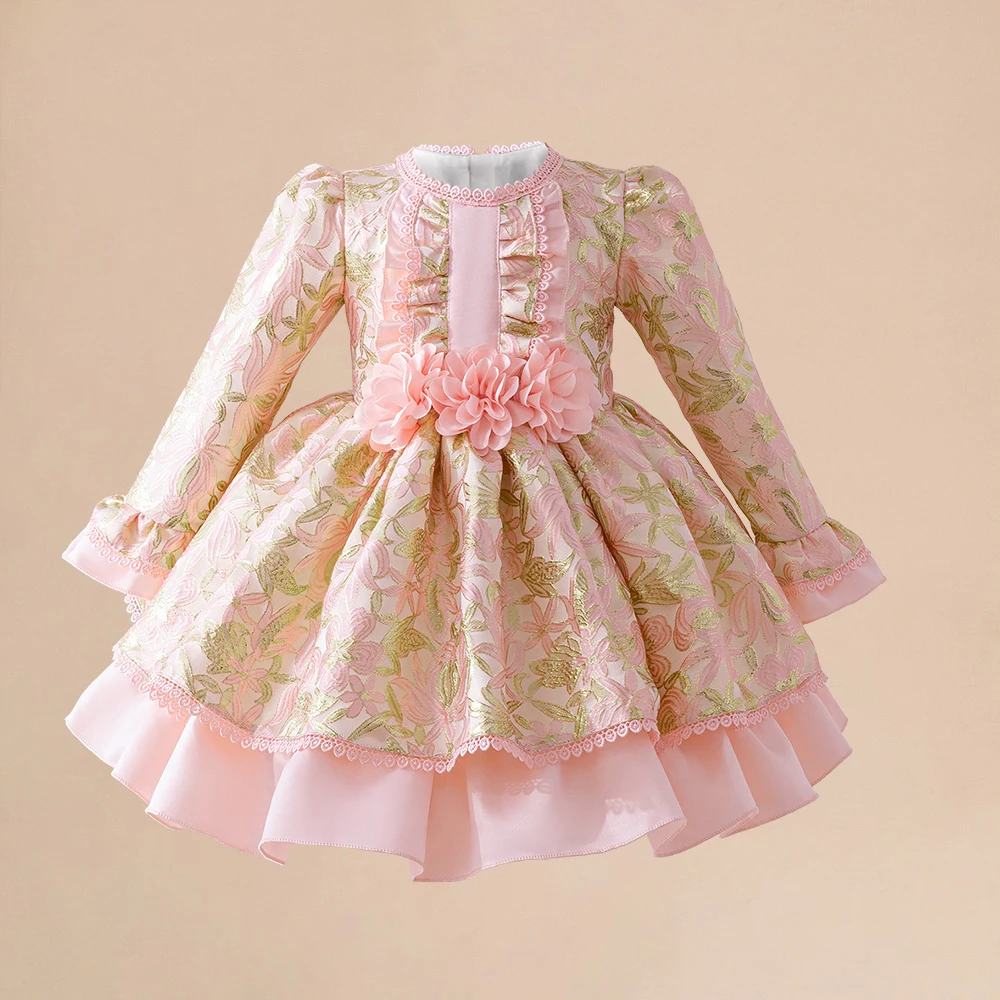 Retro Palace Girl Banquet Princess Dress Autumn Long Sleeve Pink Flower Palace Wedding Birtyhday Lace Party Dresses Prom Costume