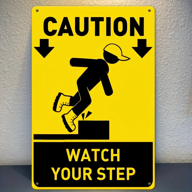 2D Metal Sign, Retro Caution Your Step Sign with Direction Arrow & Shadow Detail, 8x12 Inch Yellow Metal Warning Decor for Sc