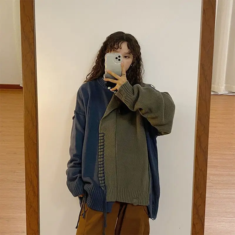 Women Sweater 2022 New Fashion Autumn Spring Vintage Girls Tops Turndown Collar Full Sleeve Sweater Shirt Splicing Girls Hoody