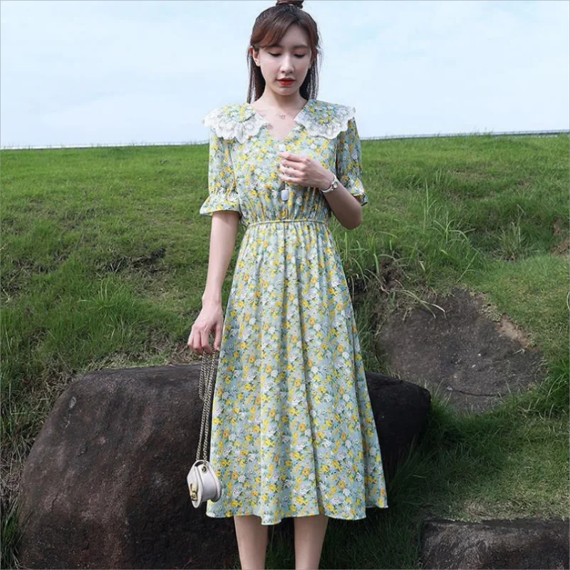 Summer Vintage Floral Dress Women Korean Elegant Sweet Cute Print Midi Dresses doll collar Lace French Holiday Cottagecore Dress