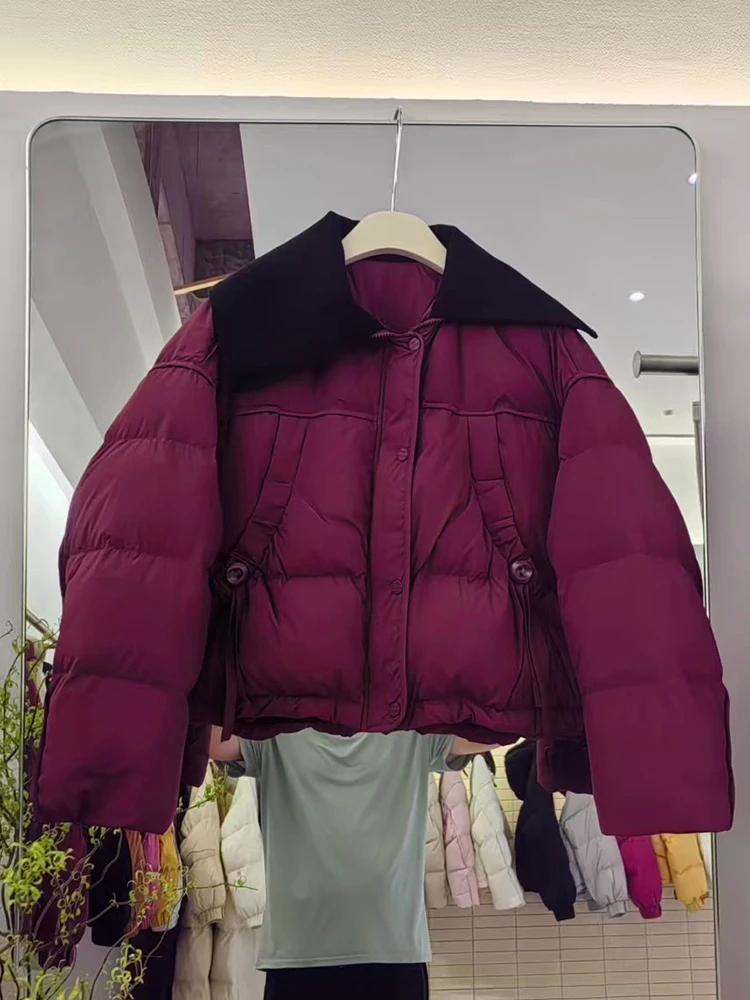 2025年冬新作 ダウンジャケット レディース 韓国風 カラーブロッキング スプライシング 厚手 ショート丈 ホワイトダックダウンコート