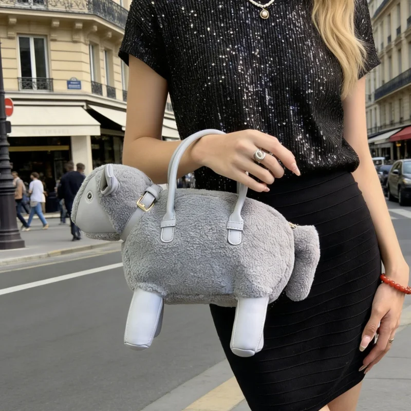 

Creative Lamb-Shaped Unique Bag Trendy Plush Cartoon Lamb Handbag Crossbody Bag Holiday Gift