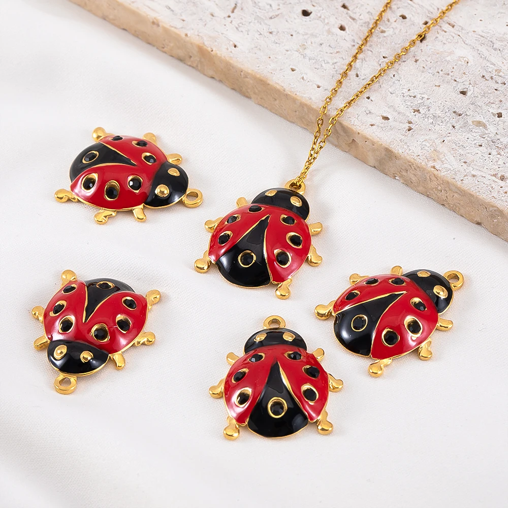 2Pcs Animal Red Ladybug Stainless Steel Charms Gold Plated Enamel Insect Pendant Jewelry Making DIY Necklaces Earrings Supplies
