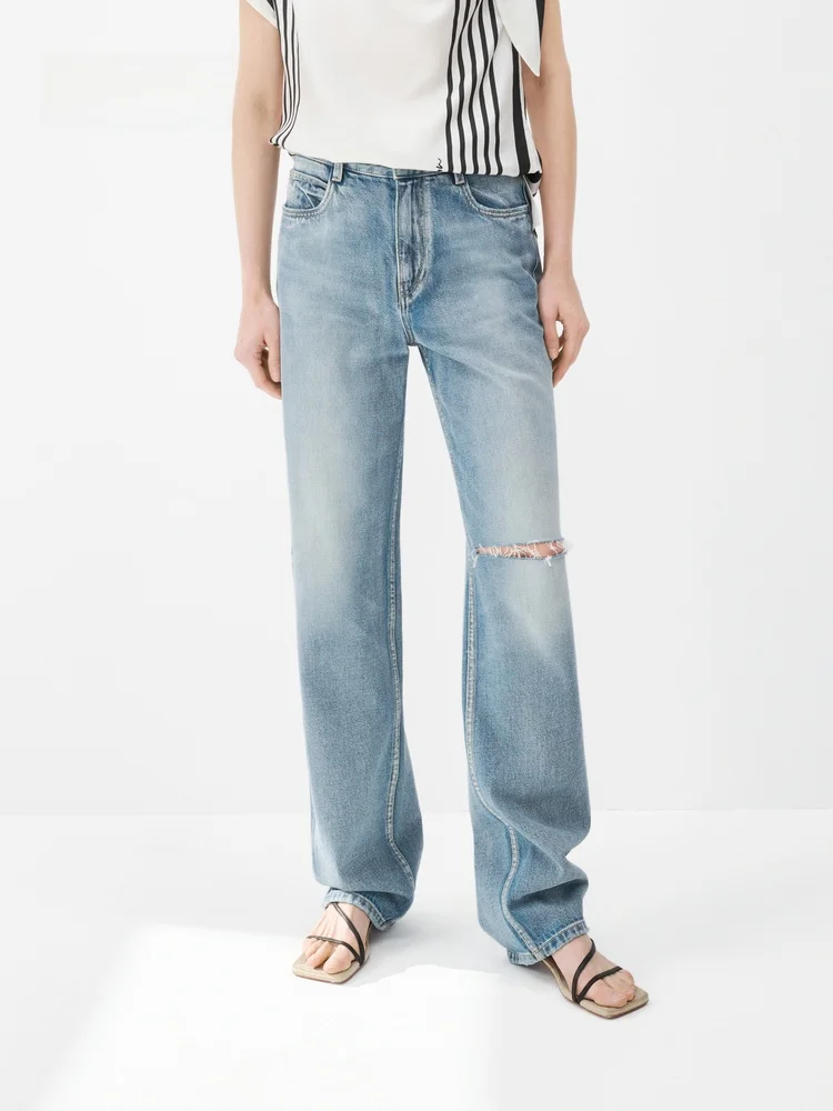 

Женские джинсы из хлопка Edition, летняя новинка, светло-голубые, с прорезями, длинные брюки, естественная талия, 100% хлопок