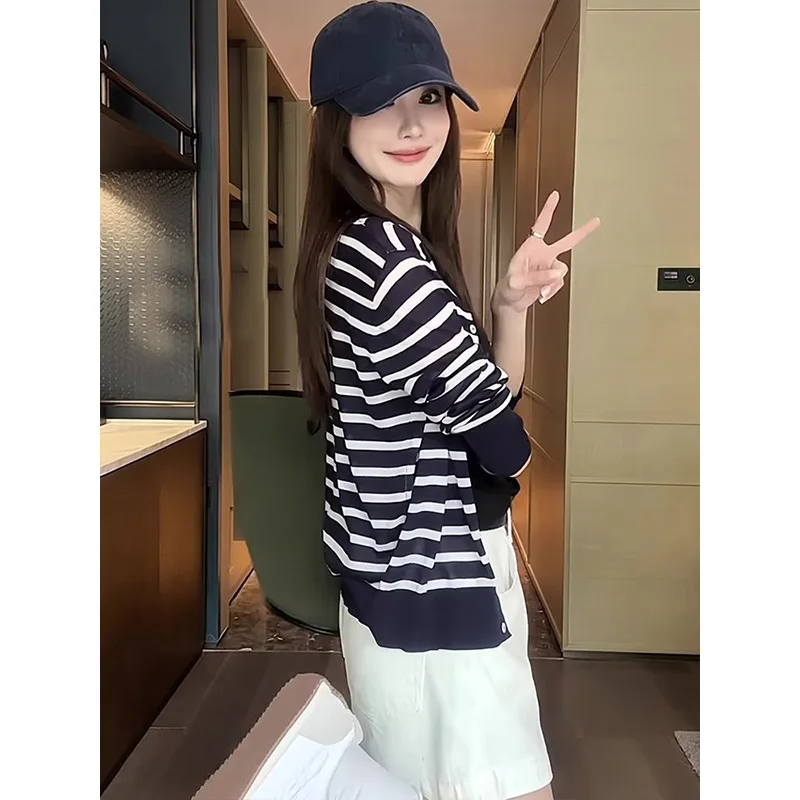 Women Fashion All-match Striped Knit Cardigan Autumn Casual O-neck Long Sleeve Thin Top Office Lady Button Clothing