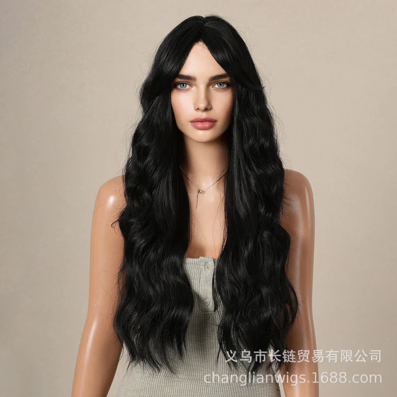 

long curly wig, natural black, full head with wavy bangs, fluffy, simulated scalp, wholesale factory model
