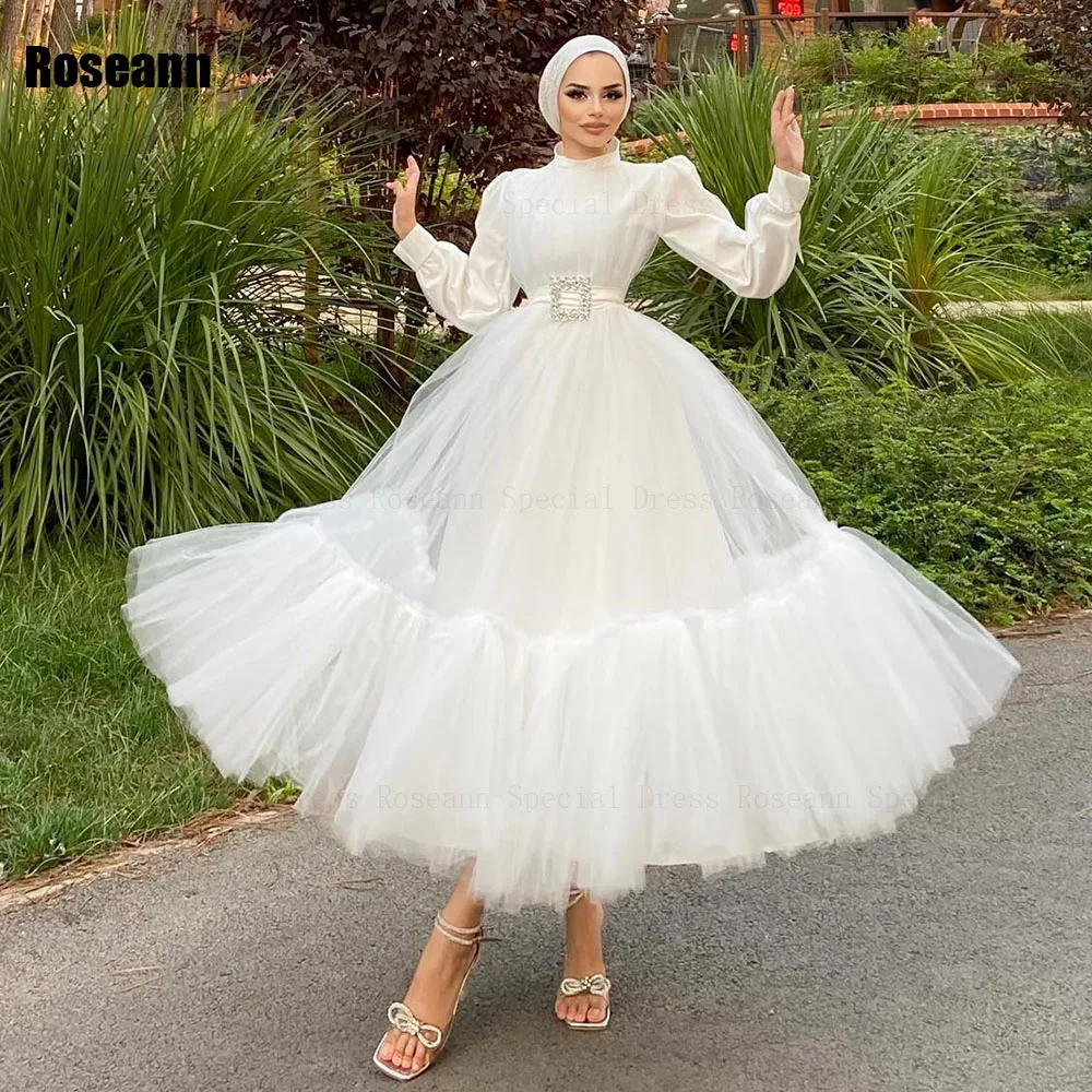 Robes de mariée A-Line à col haut en tulle drapé, robe de mariée pleine longueur, plis exquis, musulman, nouveau, 2024