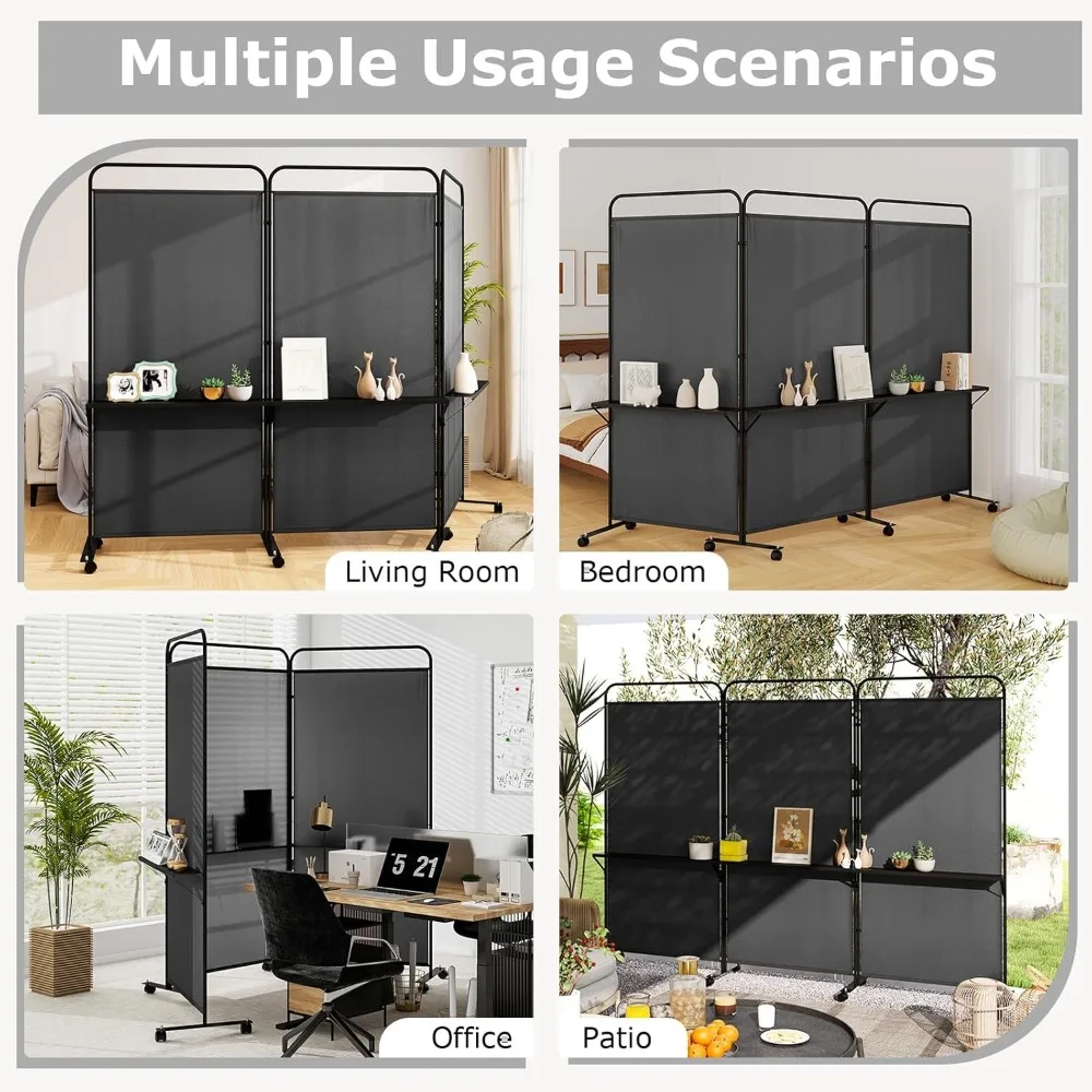 مقسم غرفة قابل للطي بثلاثة ألواح مع عجلات وأرفف، 103 عرض × 74 طويلًا، قسم شاشة الخصوصية للمنزل، فاصل دوار مع